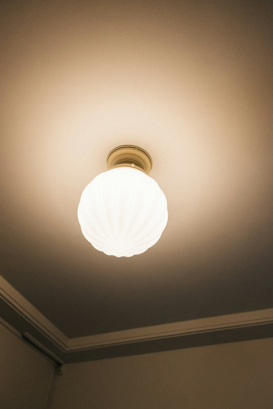 A ceiling light fixture with a white globe shade