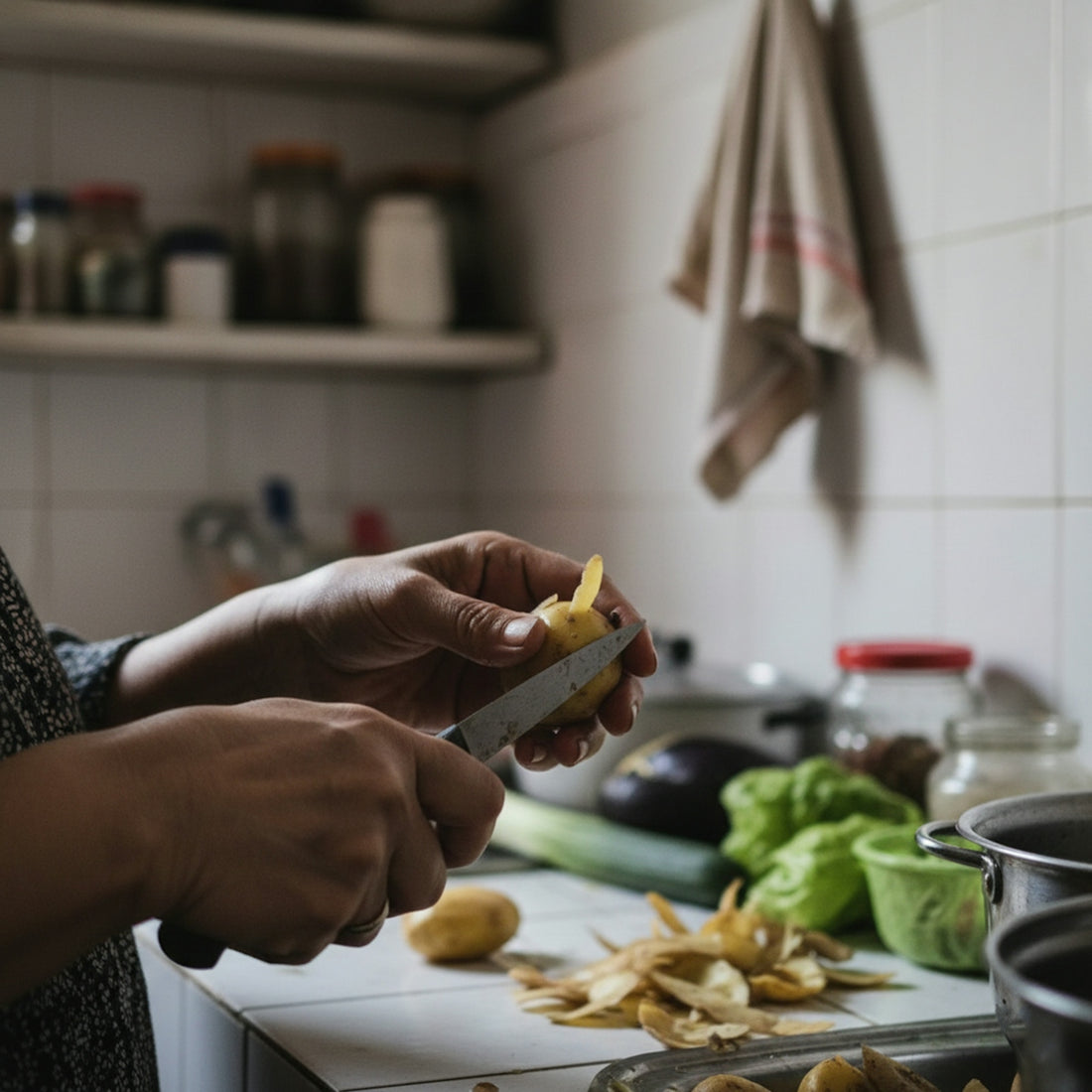 Hands peeling potatoes in a kitchen