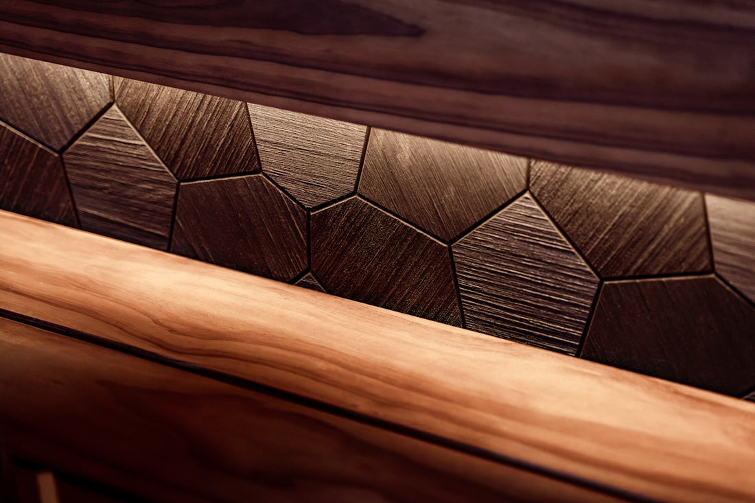 Geometric wood paneling with warm ambient lighting