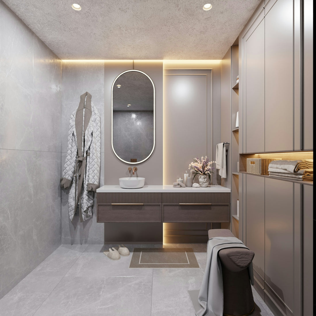 Modern bathroom with vanity, mirror, and robe