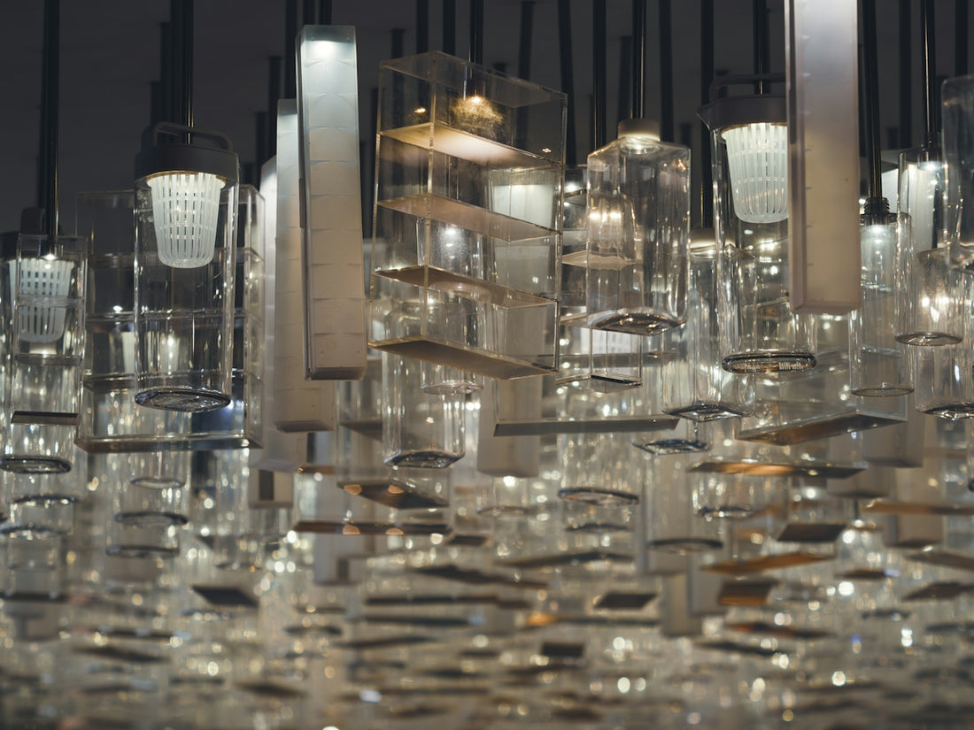 Modern chandelier with many glass elements