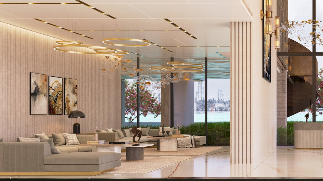 Modern hotel lobby with comfortable seating and decorative lighting.