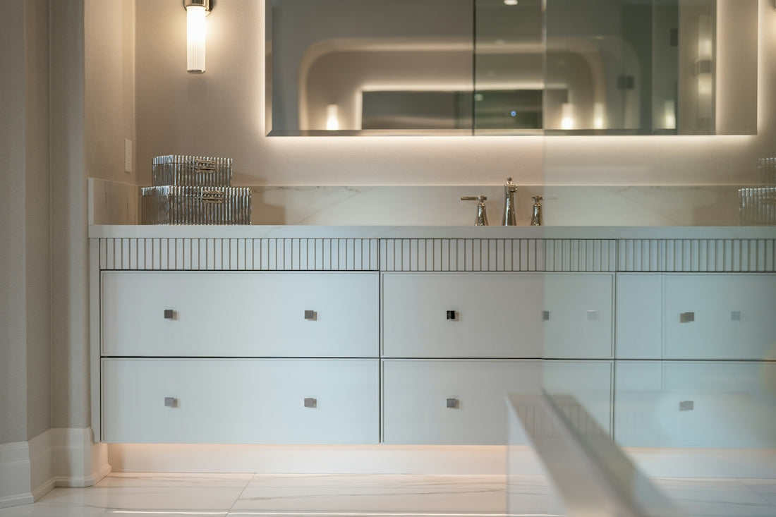 Modern bathroom vanity with sink, mirror, and illuminated lighting