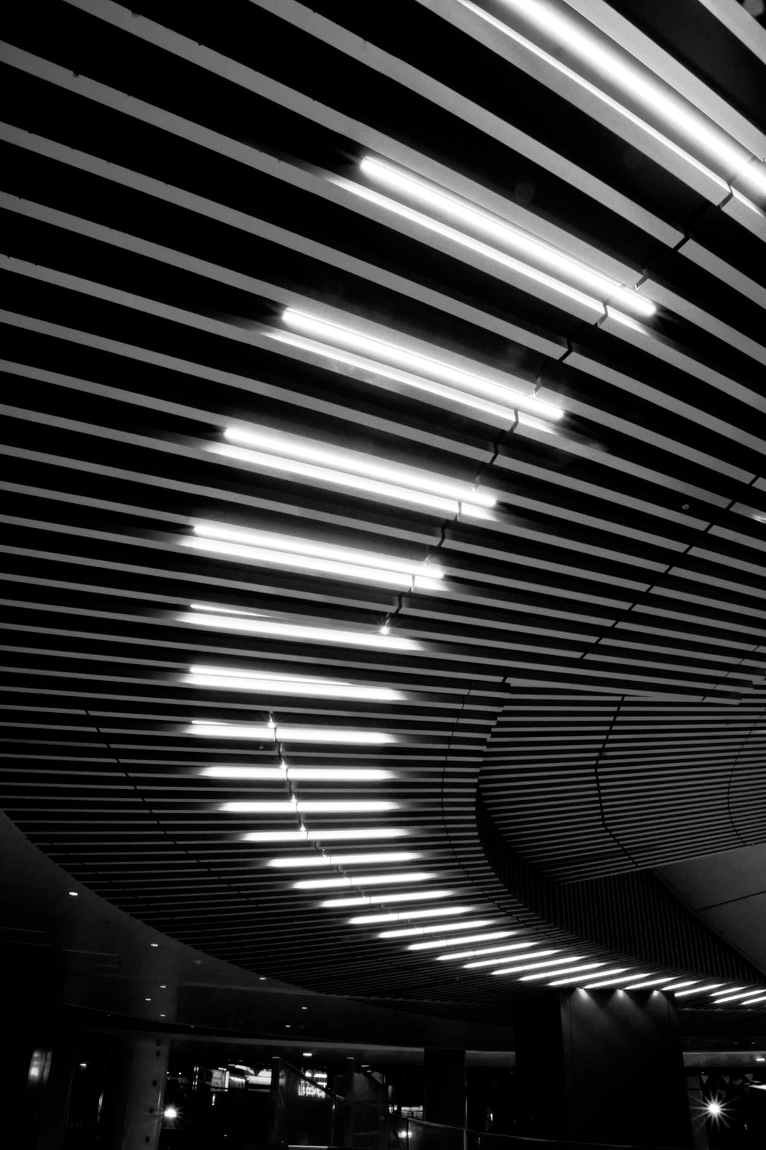 Black and white modern curved ceiling with bright fluorescent lights.