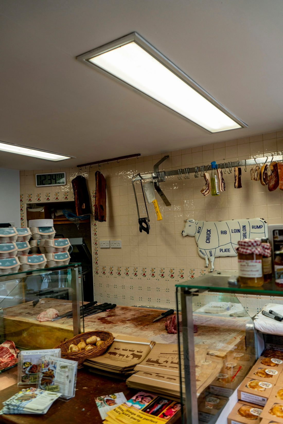Interior of a traditional butcher shop with meat and tools