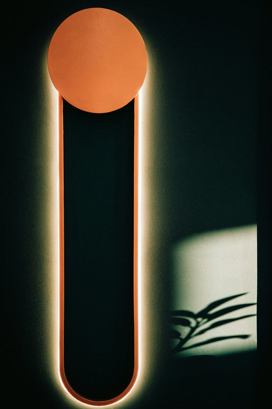 Modern wall light illuminates dark room with plant shadow.