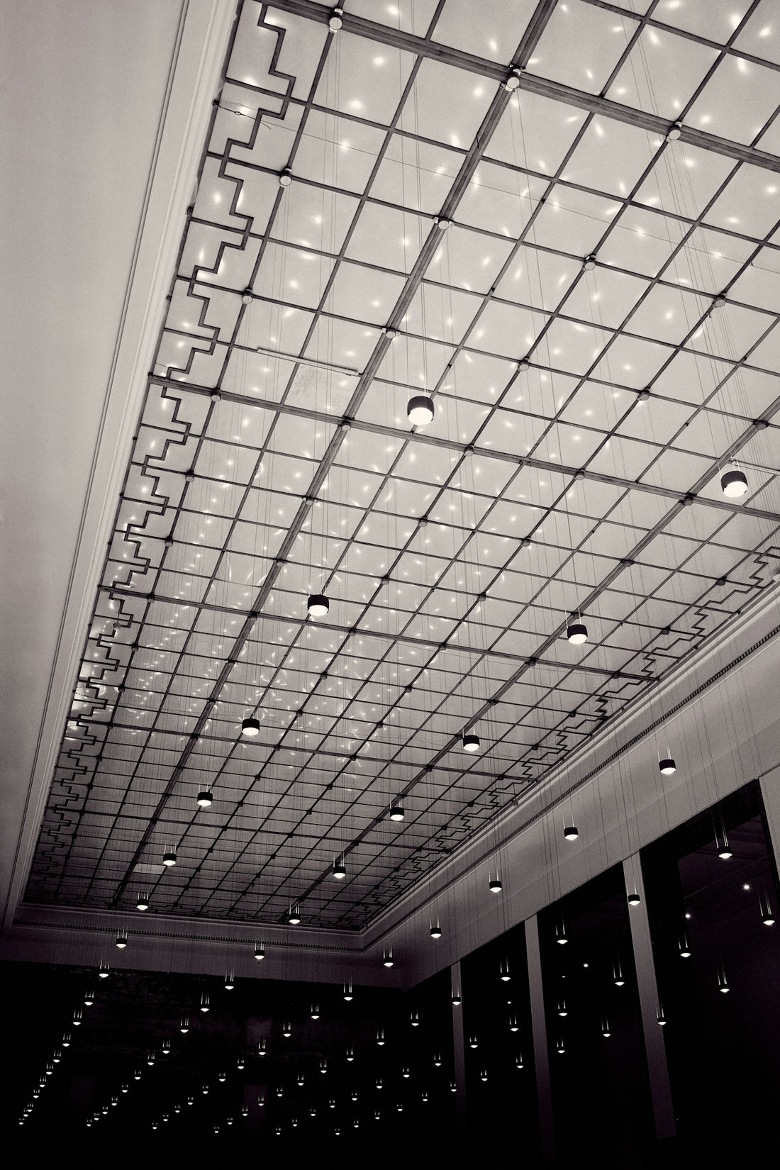 Grid ceiling with numerous small lights.