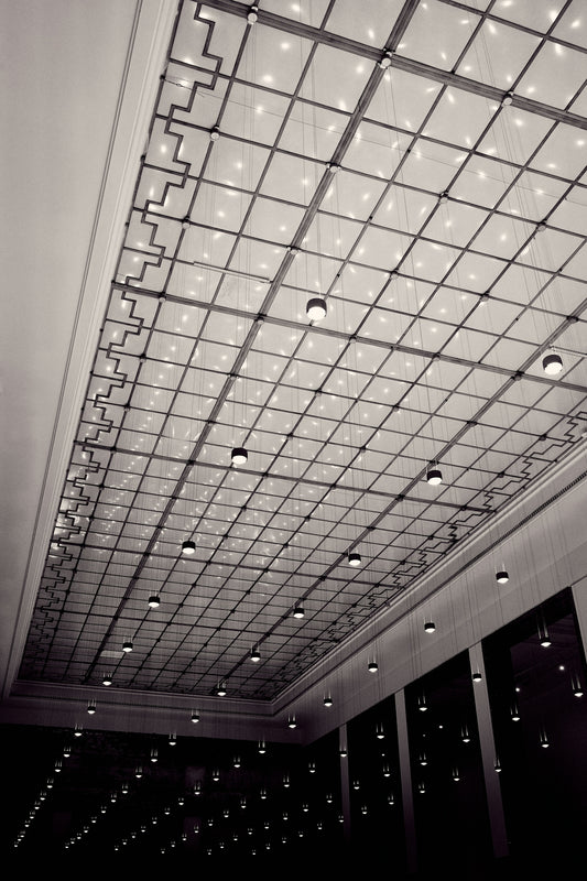 Grid ceiling with numerous small lights.