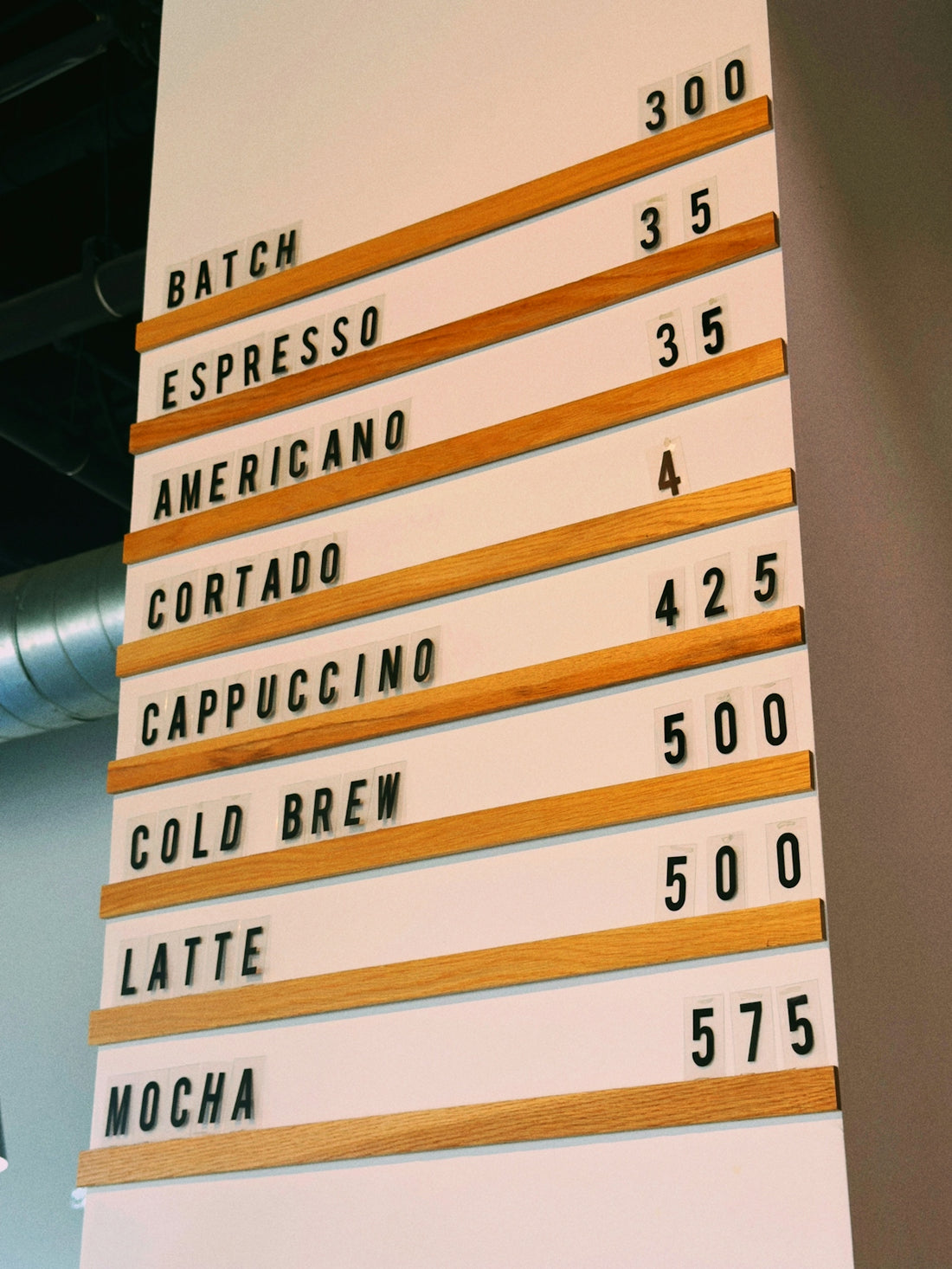A coffee shop menu board with wooden rails and black plastic letters