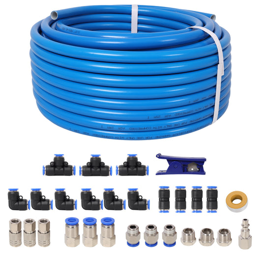 1/2 Inch ODÃ—60 Feet PU Air Tube Kit,Garage Air Compressor Accessories Kit,Industrial Type Quick Connect Coupler and Plug,Blue Tubing