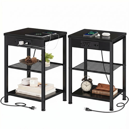 edx 3-Tier Nightstand with Charging Station, Adjustable Height Bedside Table with Storage Shelf, for Bedroom & Living Room, Easy Assembly, 55 LBS Capacity, Black