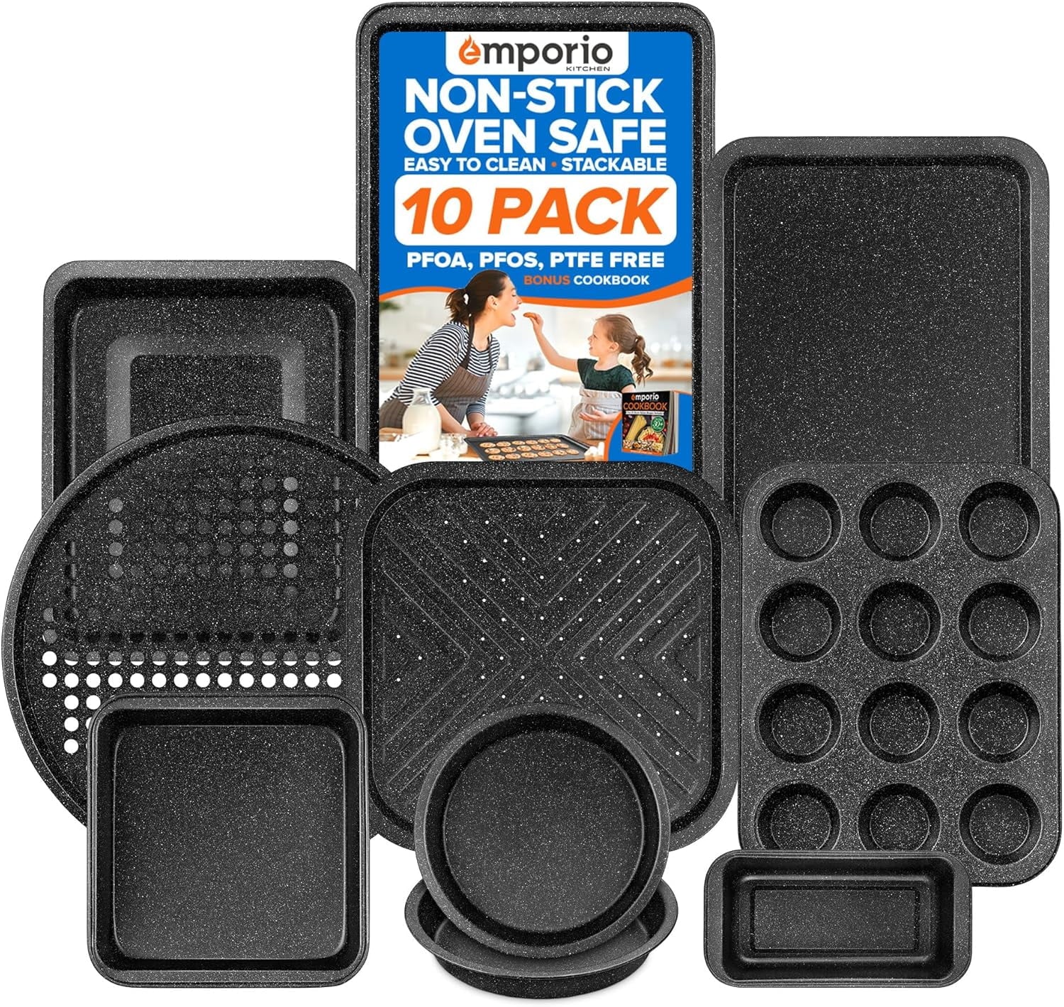 10-Piece Stackable Nonstick Baking Pan Set â€“ Gray Marble Carbon Steel Bakeware, Oven Safe to 450Â°F, with Recipe Booklet