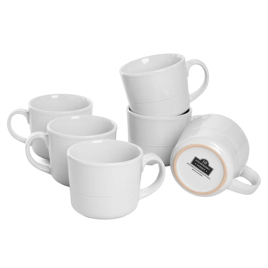 10 Strawberry Street Double Line 3.75"/12 fl oz Stoneware. Mug, Set of 6, White