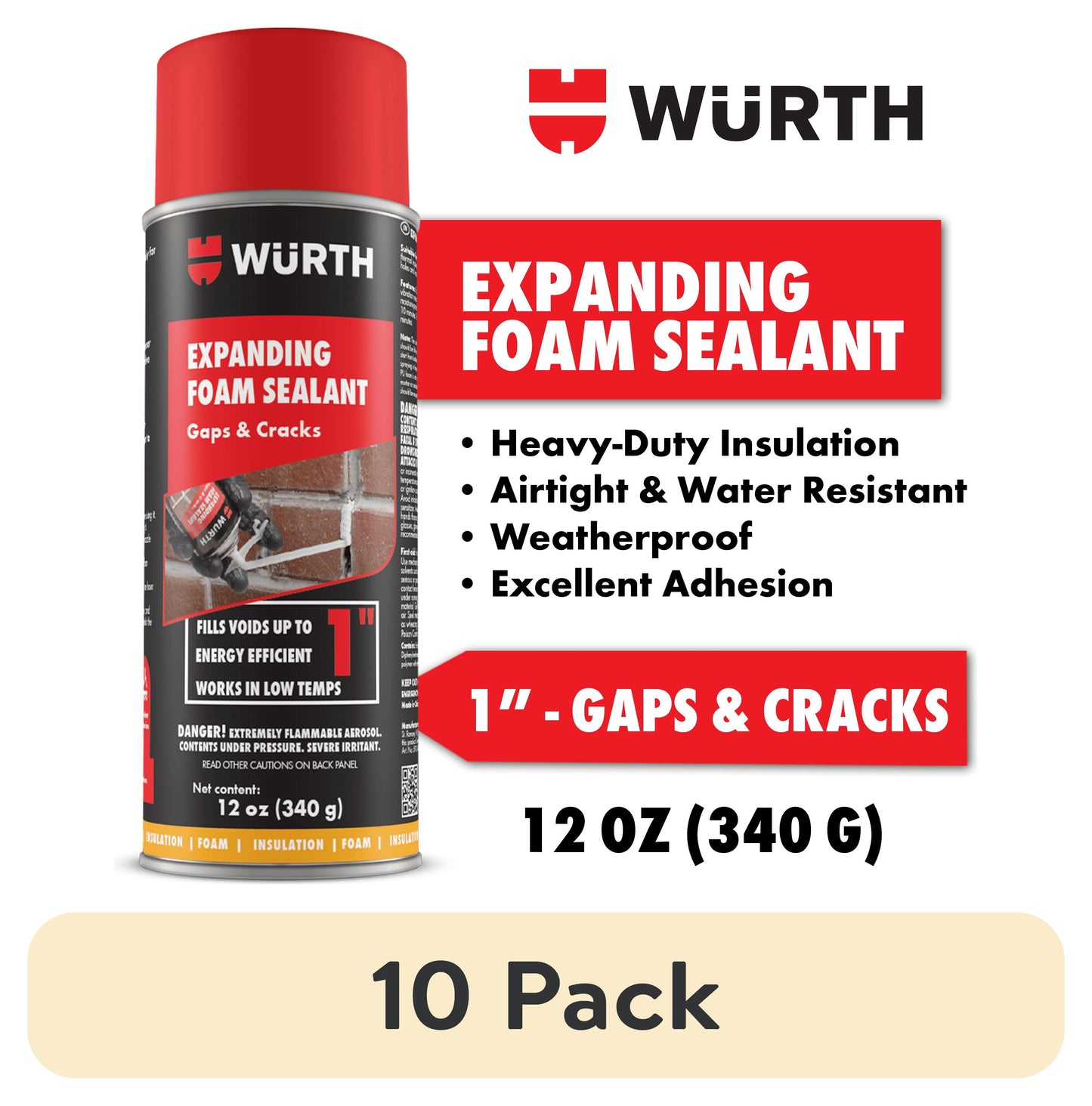 (10 pack) WÃ¼rth 12 oz Expanding Foam Sealant for Gaps and Cracks up to 1 Inch - Insulating Spray Foam