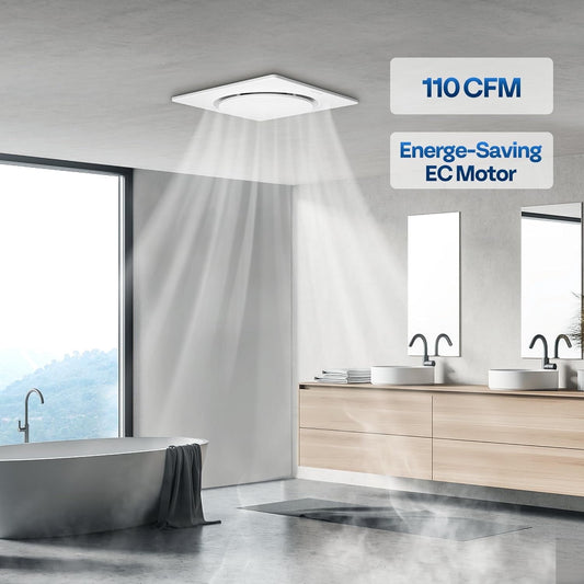 110 CFM Bathroom Exhaust Fan, Energy-Efficient EC Motor, 10.2-Inch Retrofit Ventilation Fan with Installation Kit and 4-Inch Duct â€“ No Attic Access Needed