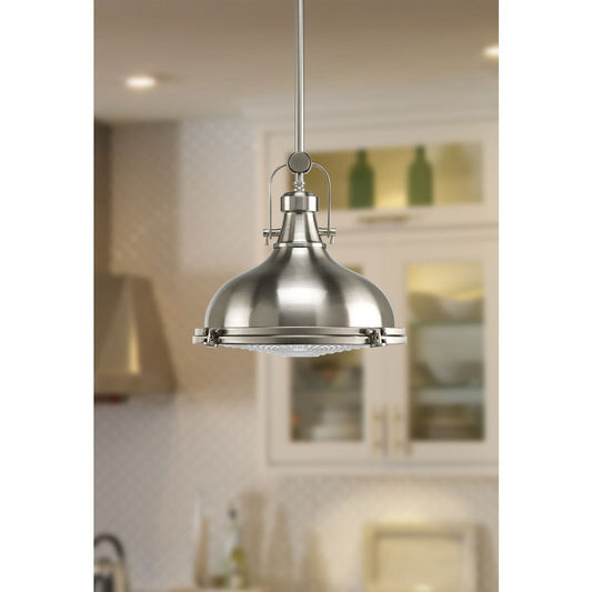 Progress Lighting Fresnel 1 -Light Brushed Nickel Coastal Textured glass Dome Medium Hanging Pendant light