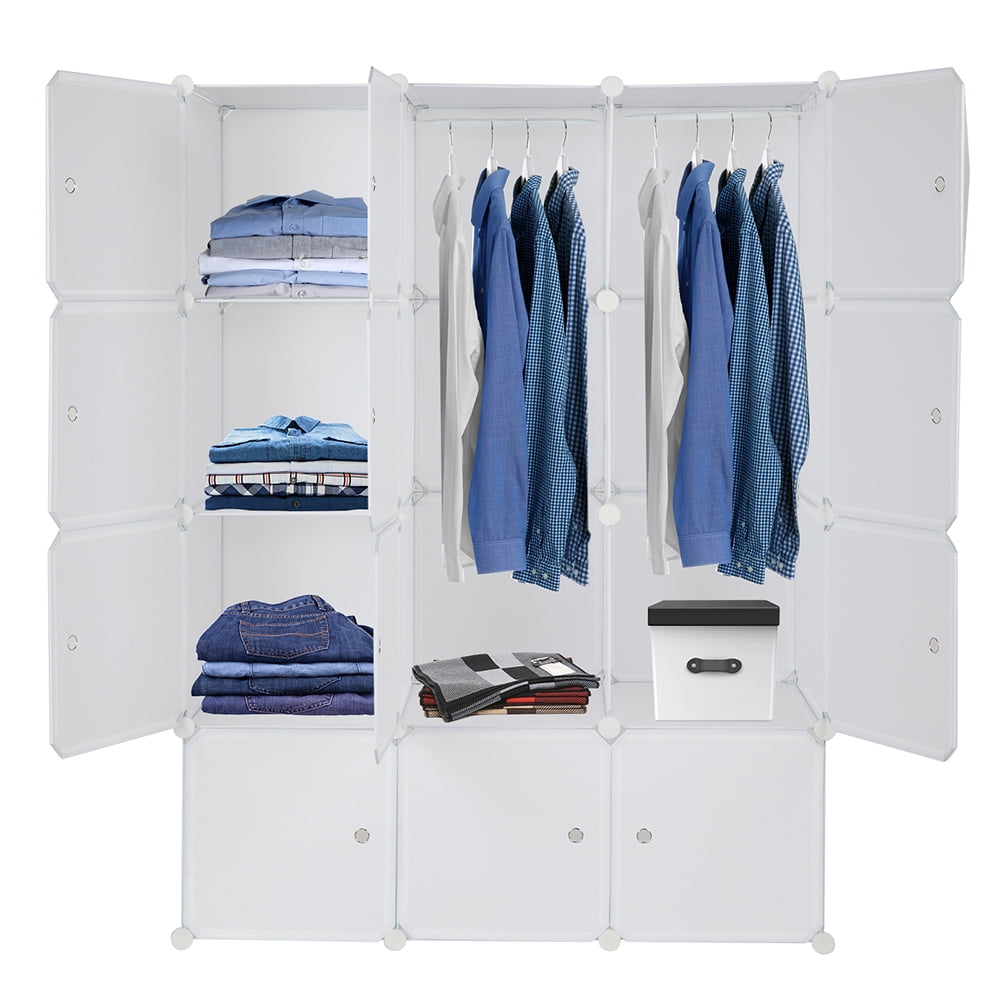 12 Cube White Stackable Storage Organizer, ABS PP Plastic Rust-proof Metal Frame Modular Closet Cabinet with Hanging Rod, Multifunctional DIY Cube Shelves for Home Office Kids Room