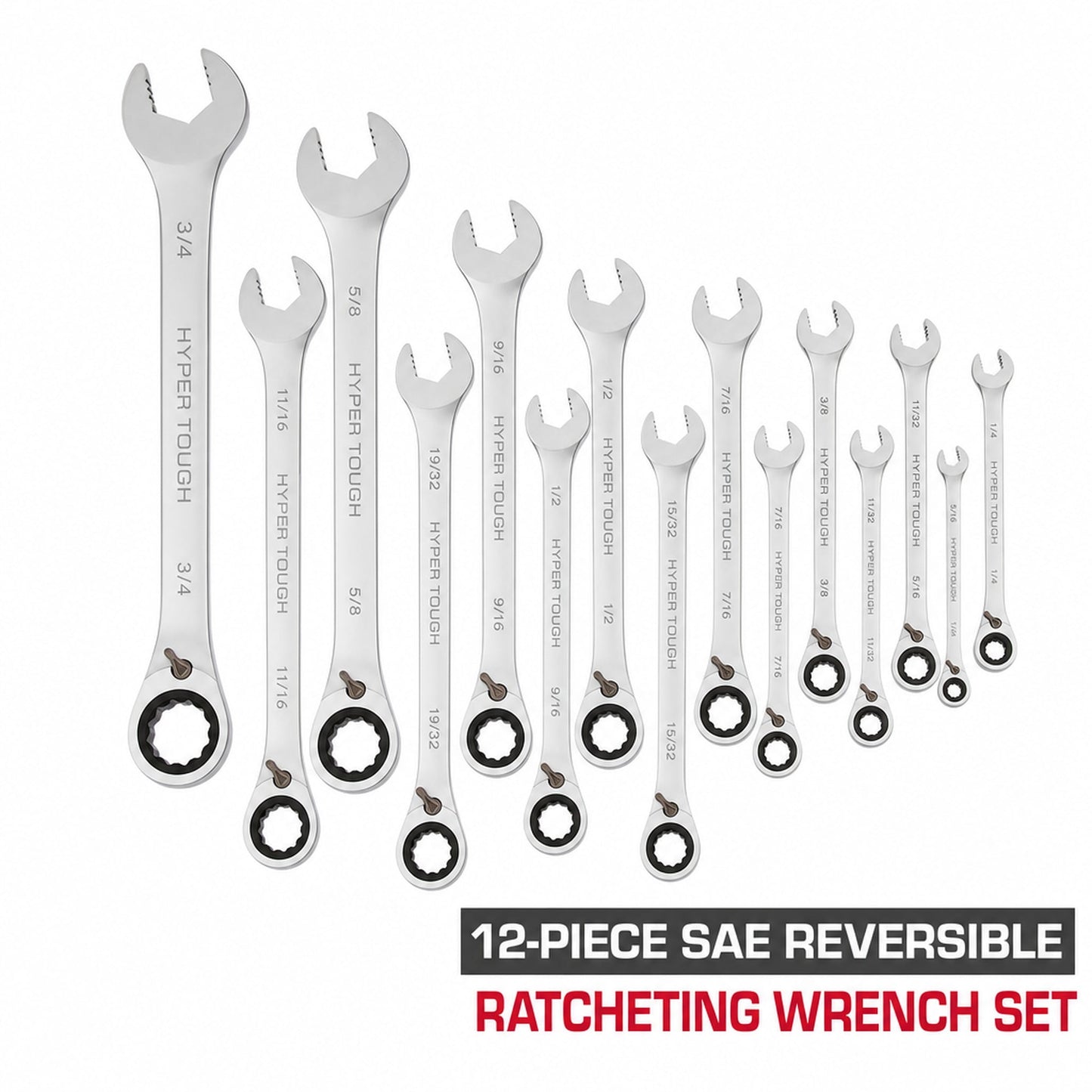 Hyper Tough Reversible Ratcheting Wrench Set, SAE, 12 Pieces