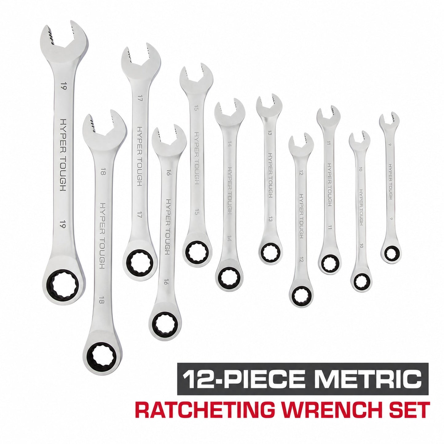 Hyper Tough Ratcheting Wrench Set, Metric, 12 Pieces