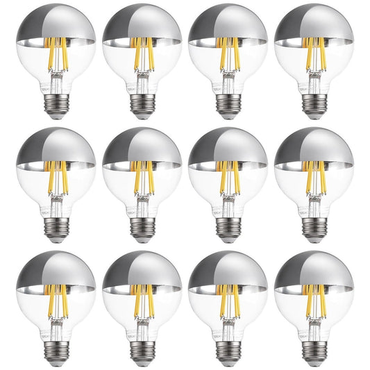 12 Pack LED G25 Globe Dimmable Light Bulb, 7W (75W Eqv.), Anti Glare Half Chrome Bulbs, Silver Dipped E26 Base, 3000K Warm White