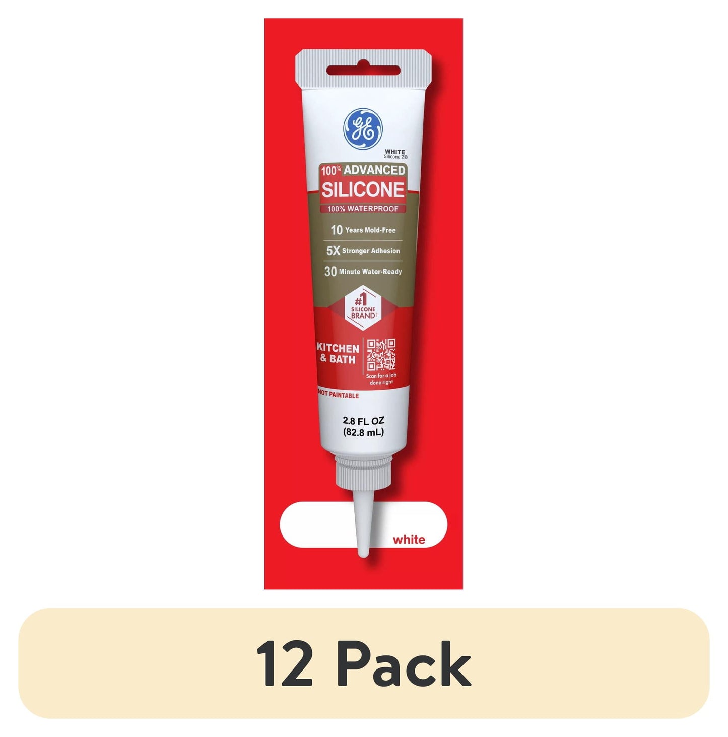 (12 pack) GE Advanced Silicone Kitchen & Bath Sealant, Pack of 1, White 2.8 fl oz Tube