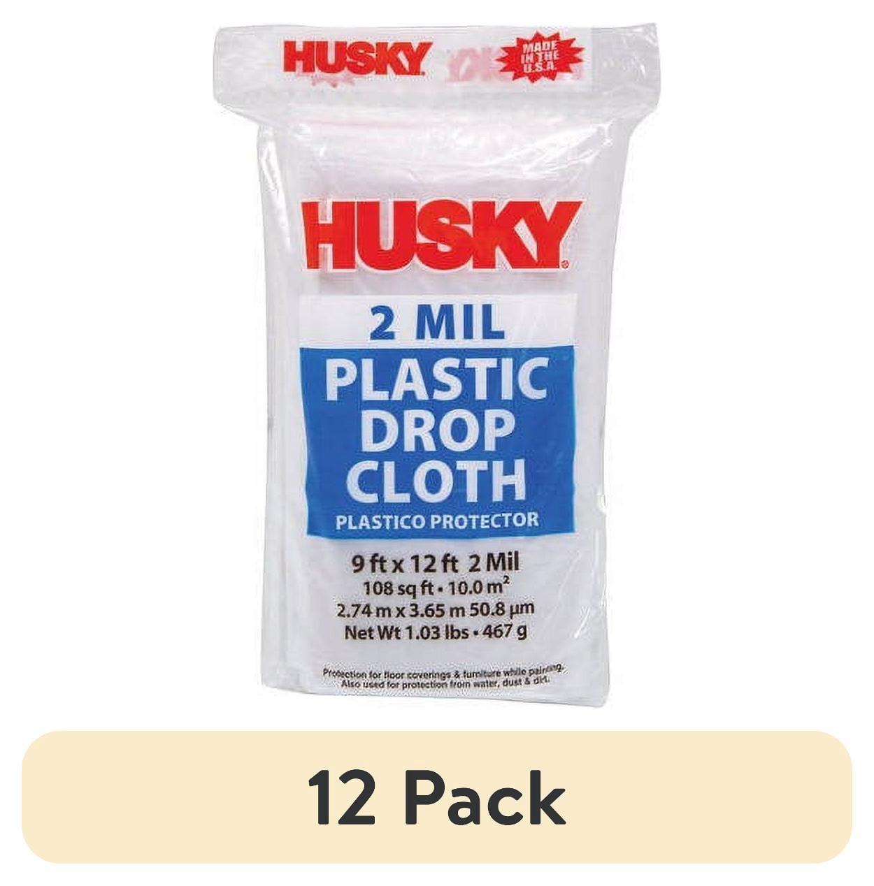(12 pack) Husky 2 Mil Clear Plastic Drop Cloth, 9 ft. x 12 ft.