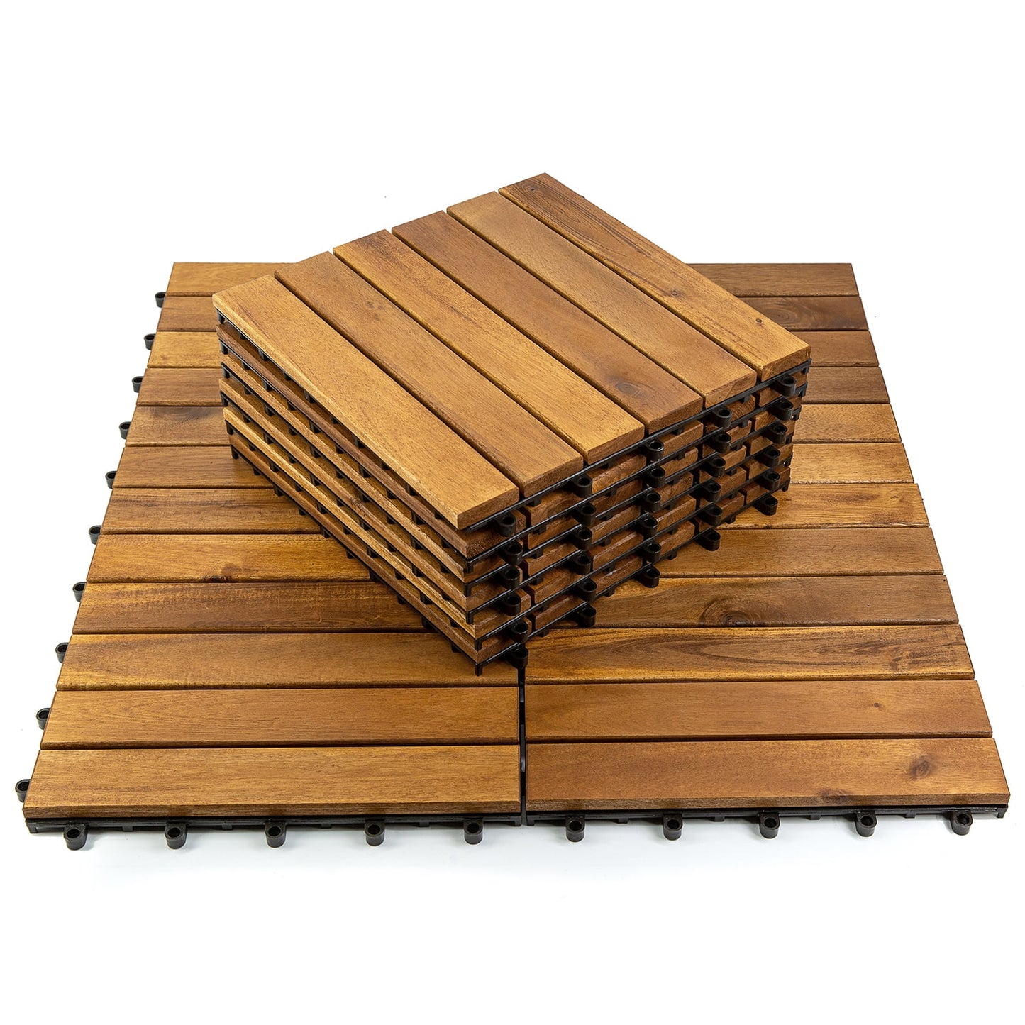 12" x 12" 6-Slat Acacia Wood Interlocking Deck Tiles, Weatherproof Floor Tiles for Patio, Balcony, Poolside, Bathroom & Indoor/Outdoor Use