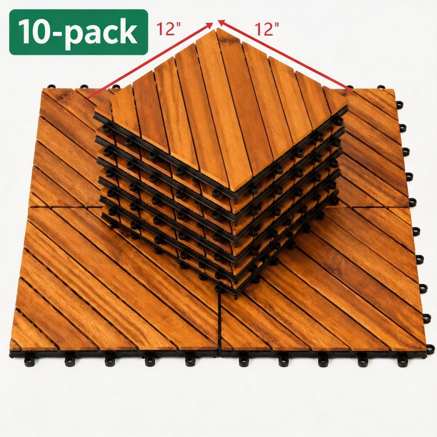 12"x12" Acacia Wood Interlocking Deck Tiles Outdoor Patio Flooring DIY Snap-On 10 Pack