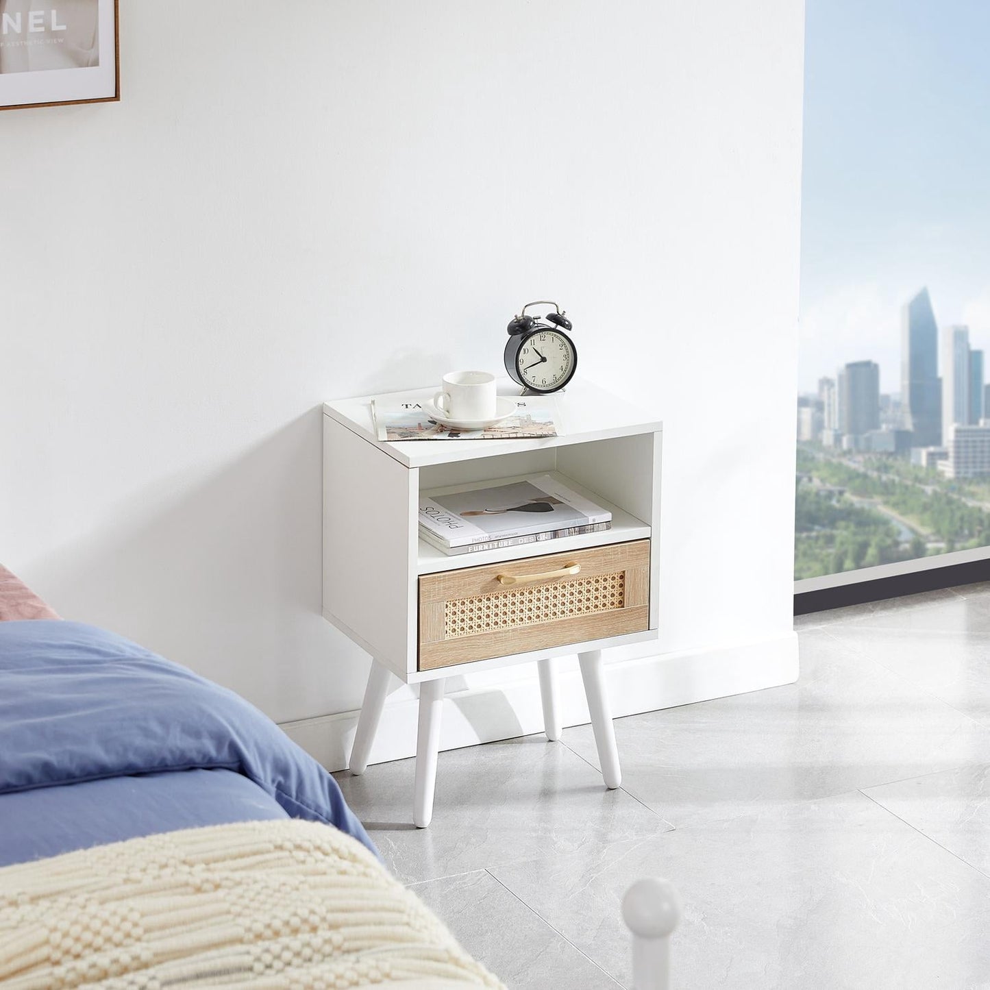 15.75-Inch Rattan End Table with Drawer and Solid Wood Legs, Modern Nightstand Bedside Side Table with Storage, Rectangle Accent Table for Living Room Bedroom, Natural