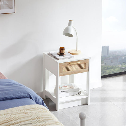 15.75-Inch Rattan End Table with Drawer, Modern Nightstand Bedside Side Table with Storage, Small Accent Table for Living Room Bedroom, White