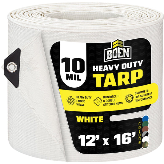 12 ft. x 16 ft. Heavy-Duty Commercial White Tarp Cover 10 Mil Thick Weave Material, Waterproof