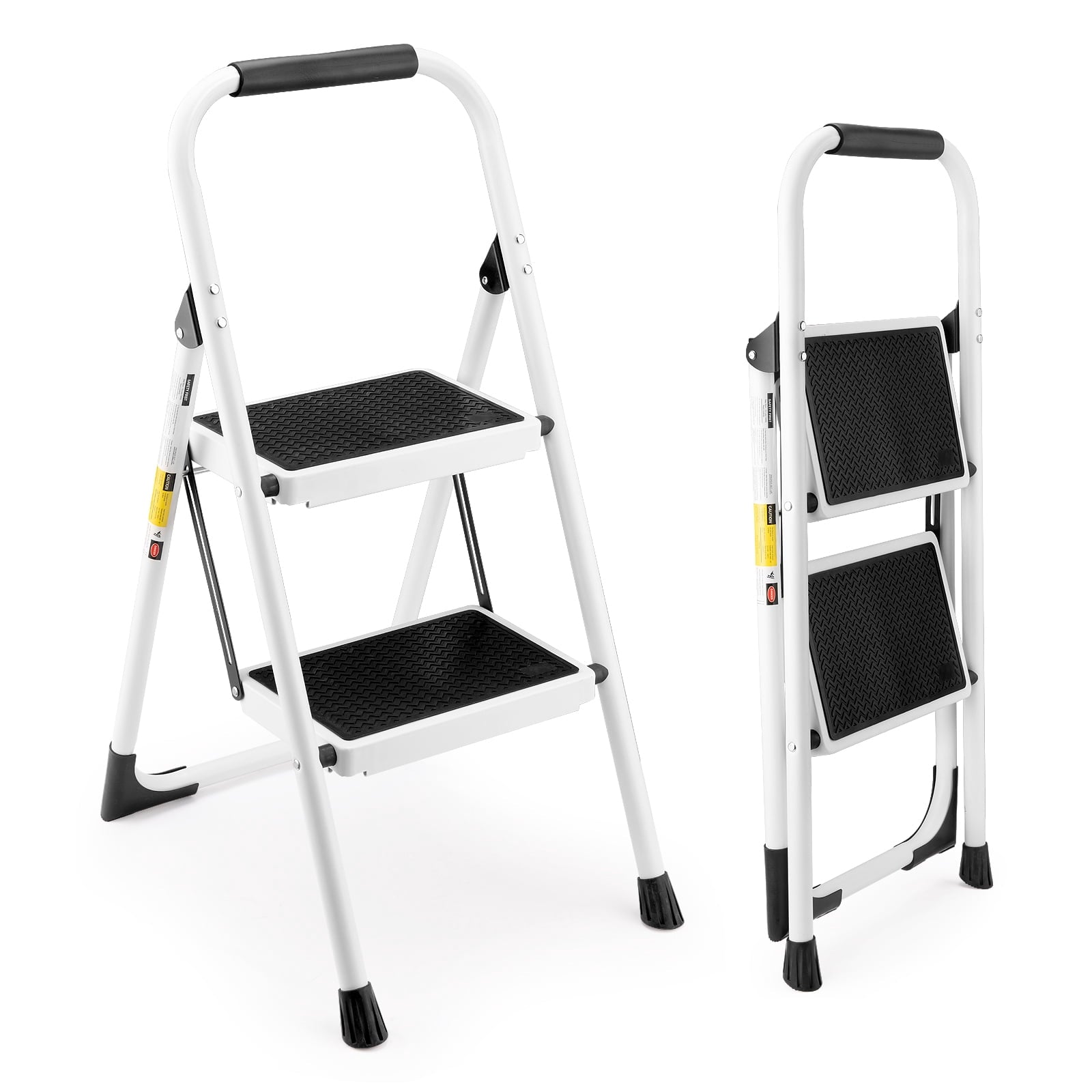 2 Step Folding Ladder, Portable Step Stool with Handrails, Wide Anti-Slip Pedal, Heavy Duty Steel Frame Supports 330LBS, White for Kitchen Home Use