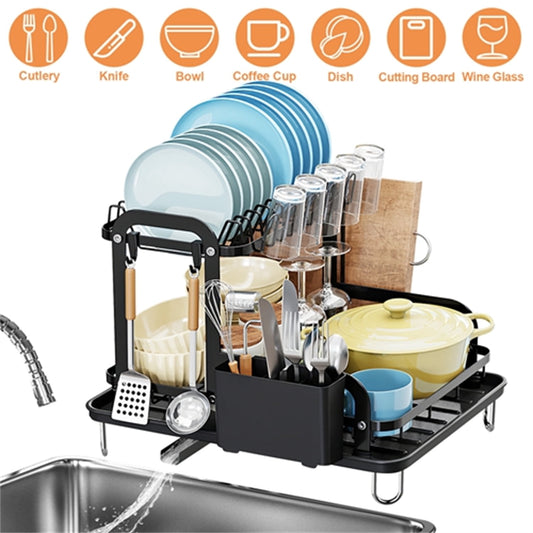 2 Tier Dish Drying Rack, Carbon Steel Rust Resistant Kitchen Drainer, Large Capacity Tableware Organizer with Drainage Tray, Removable Utensil Holder, for Kitchen Countertop Sink Corner