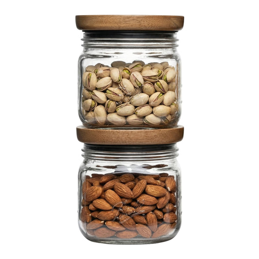 (2 pack) Ball 4 Cup Stack & Store Glass Jar with Acacia Wood Lid â€“ Airtight Wide Mouth Glass Storage Container for Pantry, Kitchen, and Countertop Organization