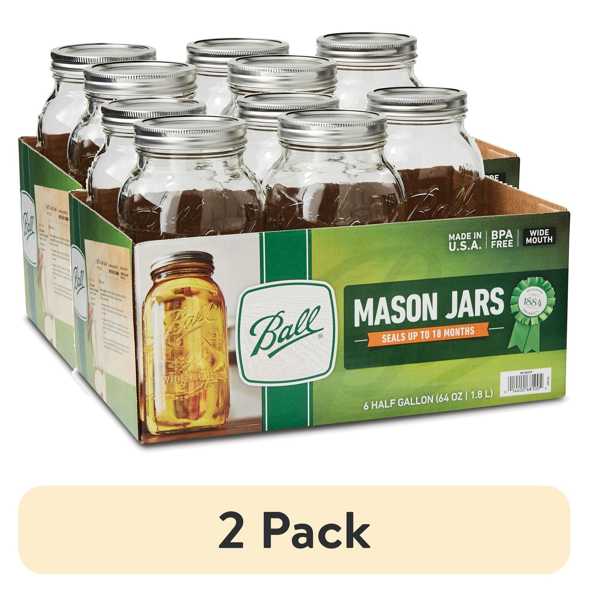 (2 pack) Ball Glass Mason Jar W/Lid & Band, Wide Mouth, 64 Ounces, 6 Count