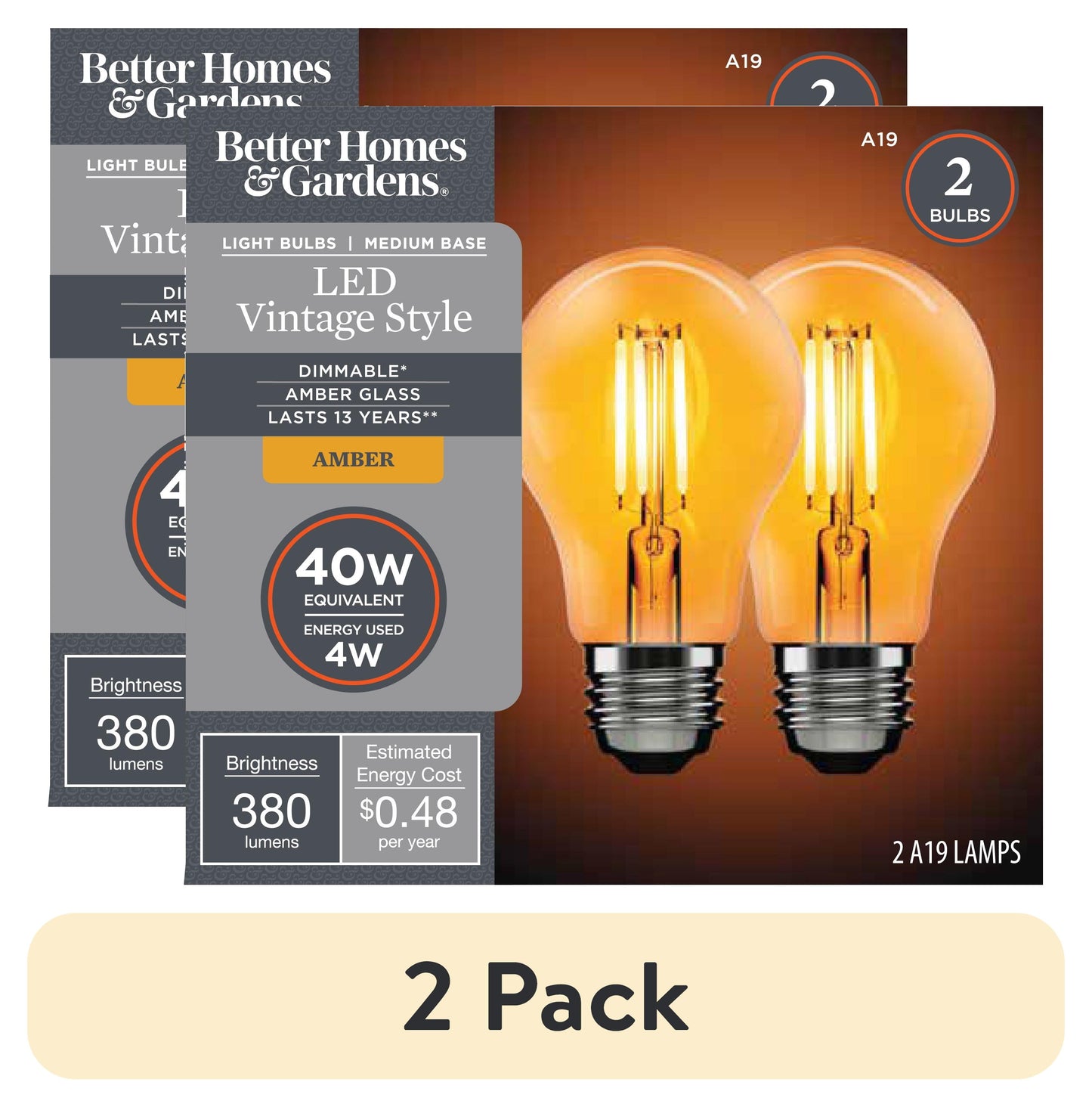 Better Homes & Gardens A19 Vintage LED Amber Light Bulb, 40W Eqv, Dim, E26, Amber Finish - 2 Pk