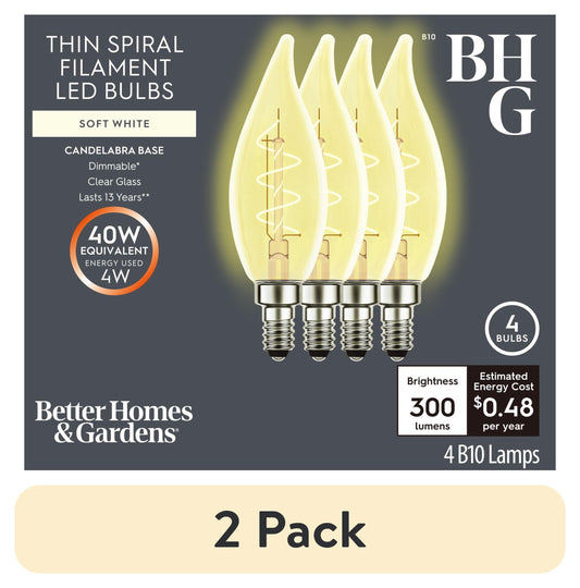 (2 pack) Better Homes & Gardens B10 LED Vintage Light Bulb, 4 Watts (40W Equivalent), Soft White Thin Filament E26 (4 Pack)
