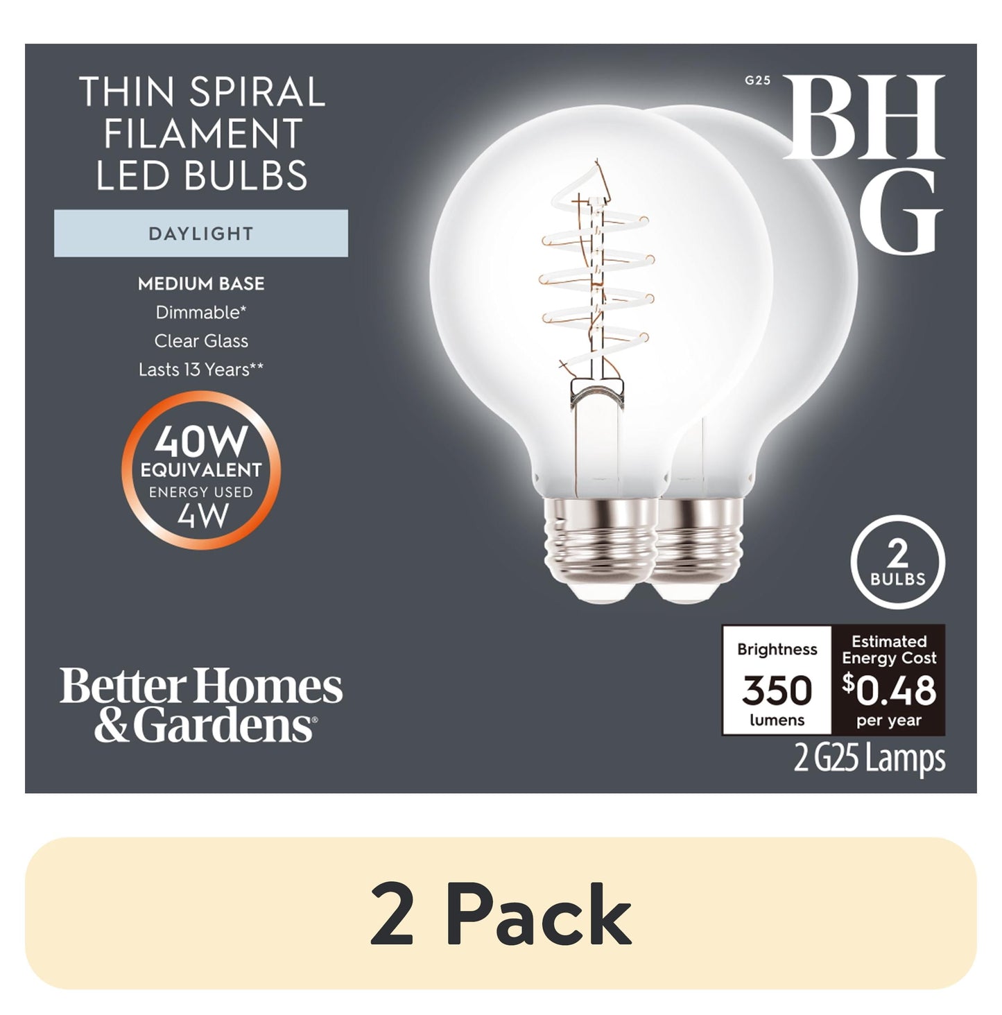 (2 pack) Better Homes & Gardens G25 LED Vintage Light Bulb, 4 Watts (40W Equivalent), Daylight, Thin Filament, E26, 2PK