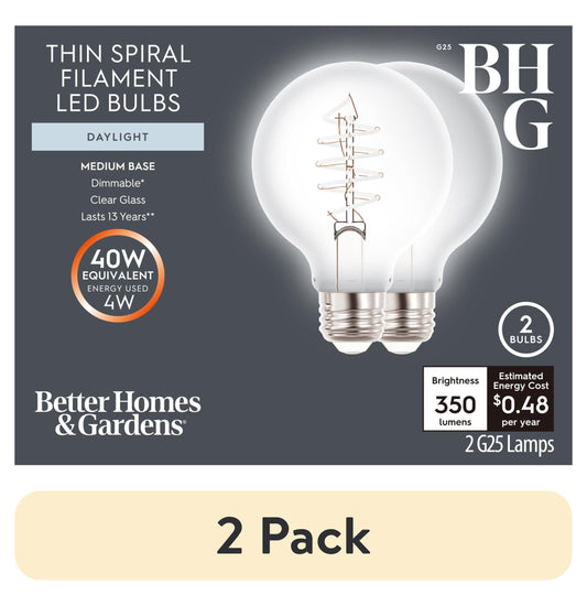 (2 pack) Better Homes & Gardens G25 LED Vintage Light Bulb, 4 Watts (40W Equivalent), Daylight, Thin Filament, E26, 2PK