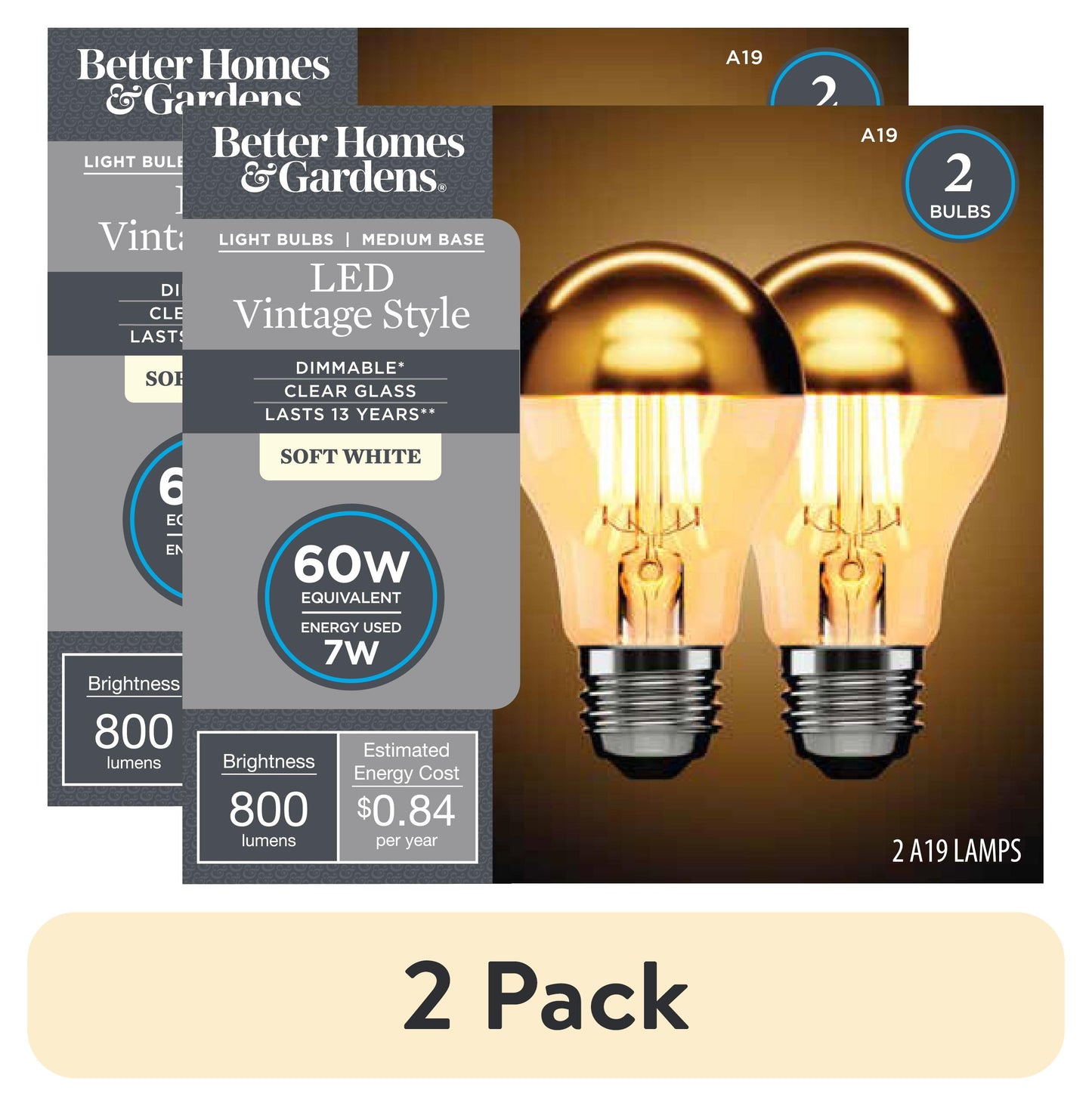 (2 pack) Better Homes & Gardens LED Gold Dipped Vintage LED Soft White Light Bulb, 40W, Dim, E26, 2 Pack