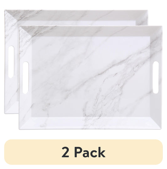 (2 pack) Better Homes & Gardens- Marble Print Rectangle Melamine Handled Tray