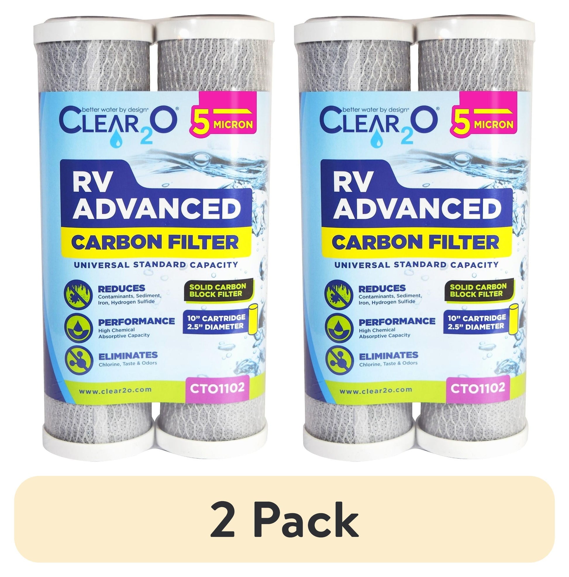 (Paquete de 2) Filtro Universal de Carbono SÃ³lido Avanzado para RV CLEAR2O, 5 Micrones, Paquete de 2, Blanco, 10" x 2.5", Reduce Metales Pesados, Cloro, Mal Sabor y Olores (CTO1102)