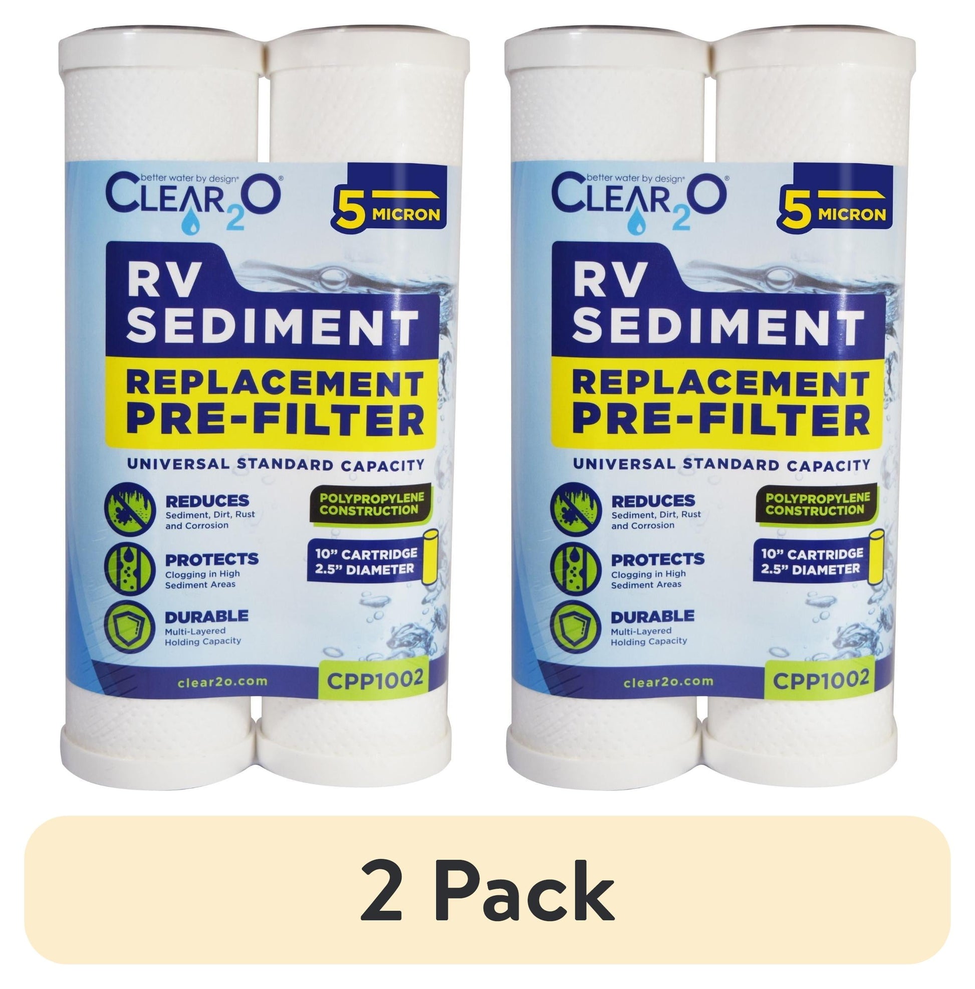 (2 pack) CLEAR2O RV Sediment Universal PreFilter, 5 MICRON, 2 Pack, 10" x 2.5" Reduces Dirt, Sediment, and Rust (CPP1002)