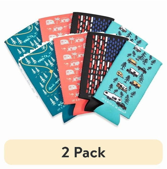 (2 pack) Camco Life Is Better at the Campsite RV-Themed Skinny Cozie Can Coolers, Neoprene, Multicolor, 4-Pack (53309)