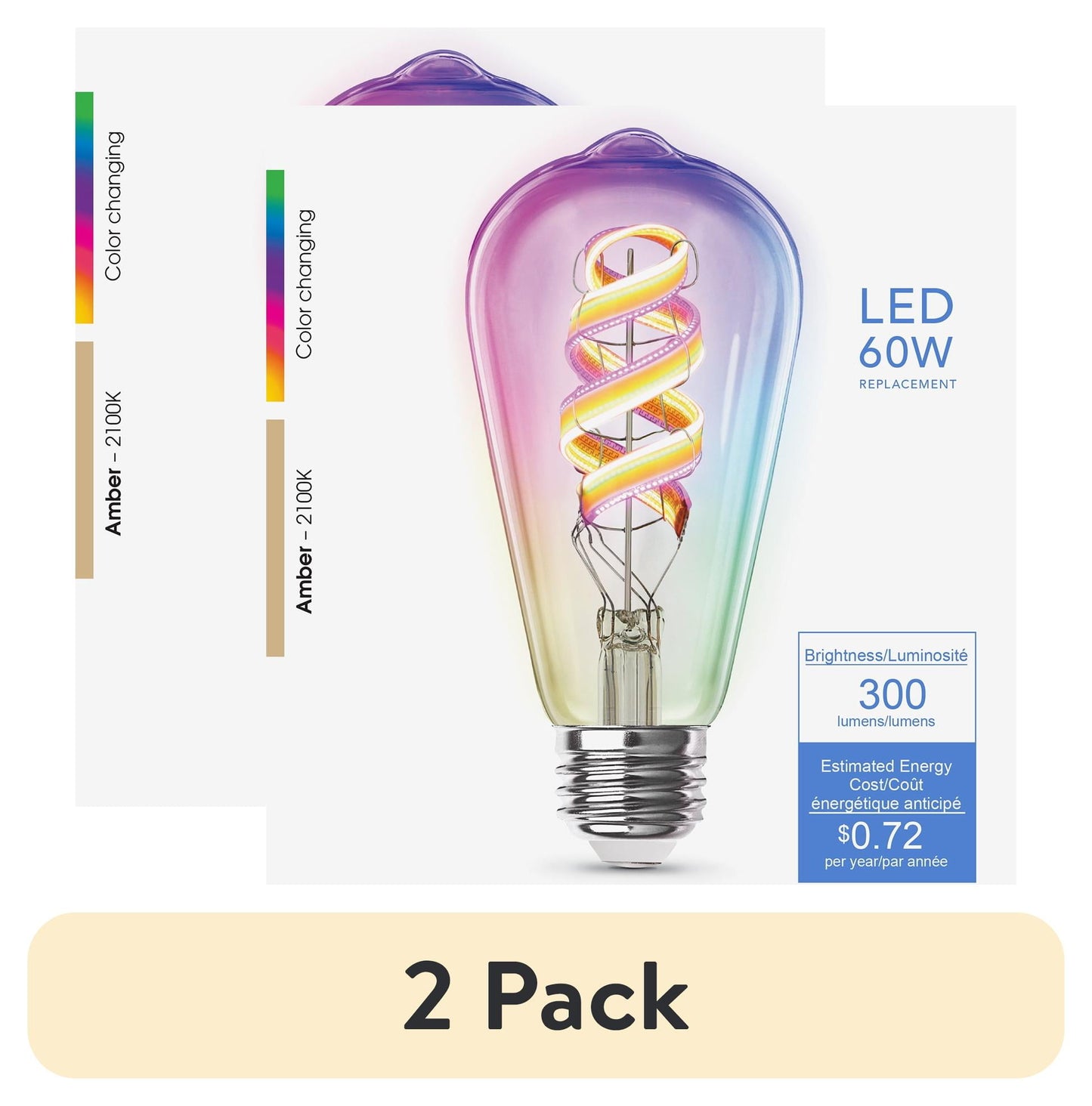 (2 pack) Feit Electric Smart LED 6W (60W Equivalent) Color Changing, ST21, Medium E26 Base, Dimmable Light Bulb 1Pk