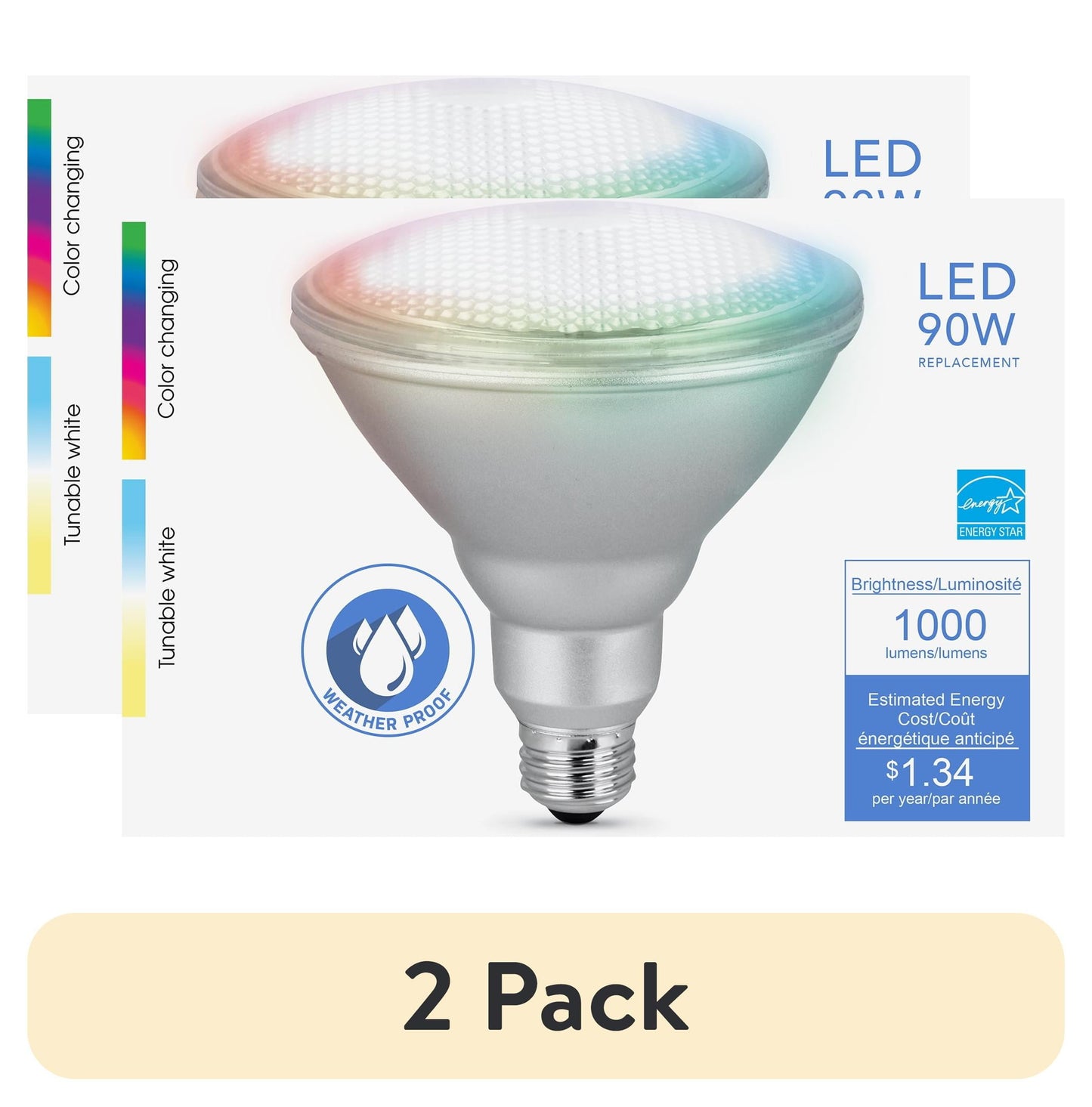 (2 pack) Feit Electric Smart LED Bulb 11.1W (90W Equivalent) Color Changing, PAR38, Medium (E26) Base,  Dimmable Light Bulb, 1Pk