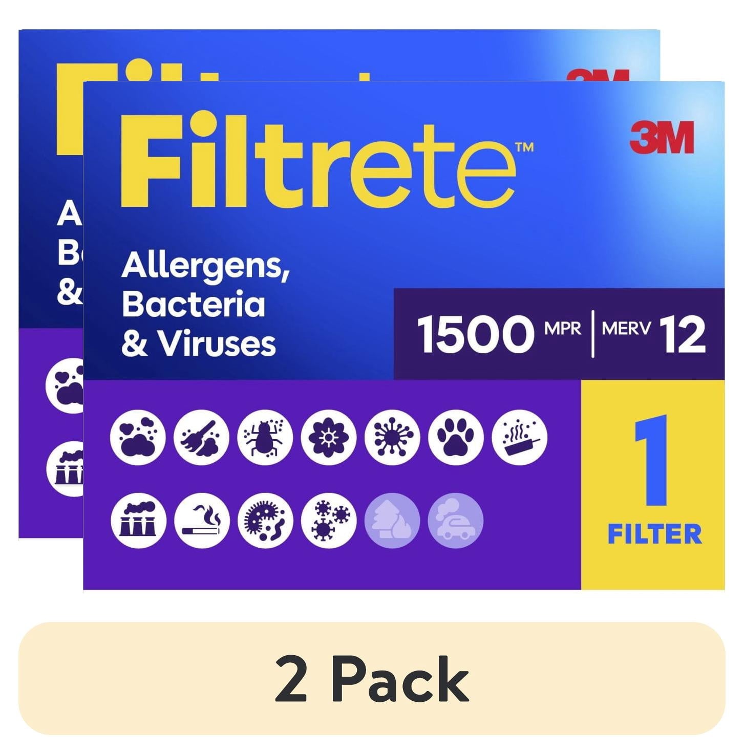 (2 pack) Filtrete 15x20x1 HVAC Furnace Air Filter, MPR 1500 MERV 12, Allergens, Bacteria & Viruses, 1 Filter