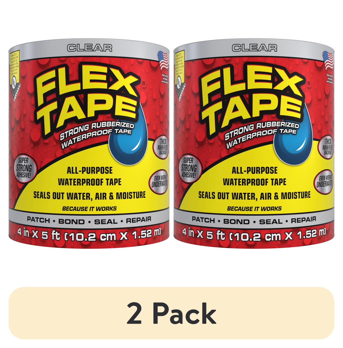 (2 pack) Flex Tape Strong Rubberized Waterproof Tape, 4 in x 5 ft, Clear
