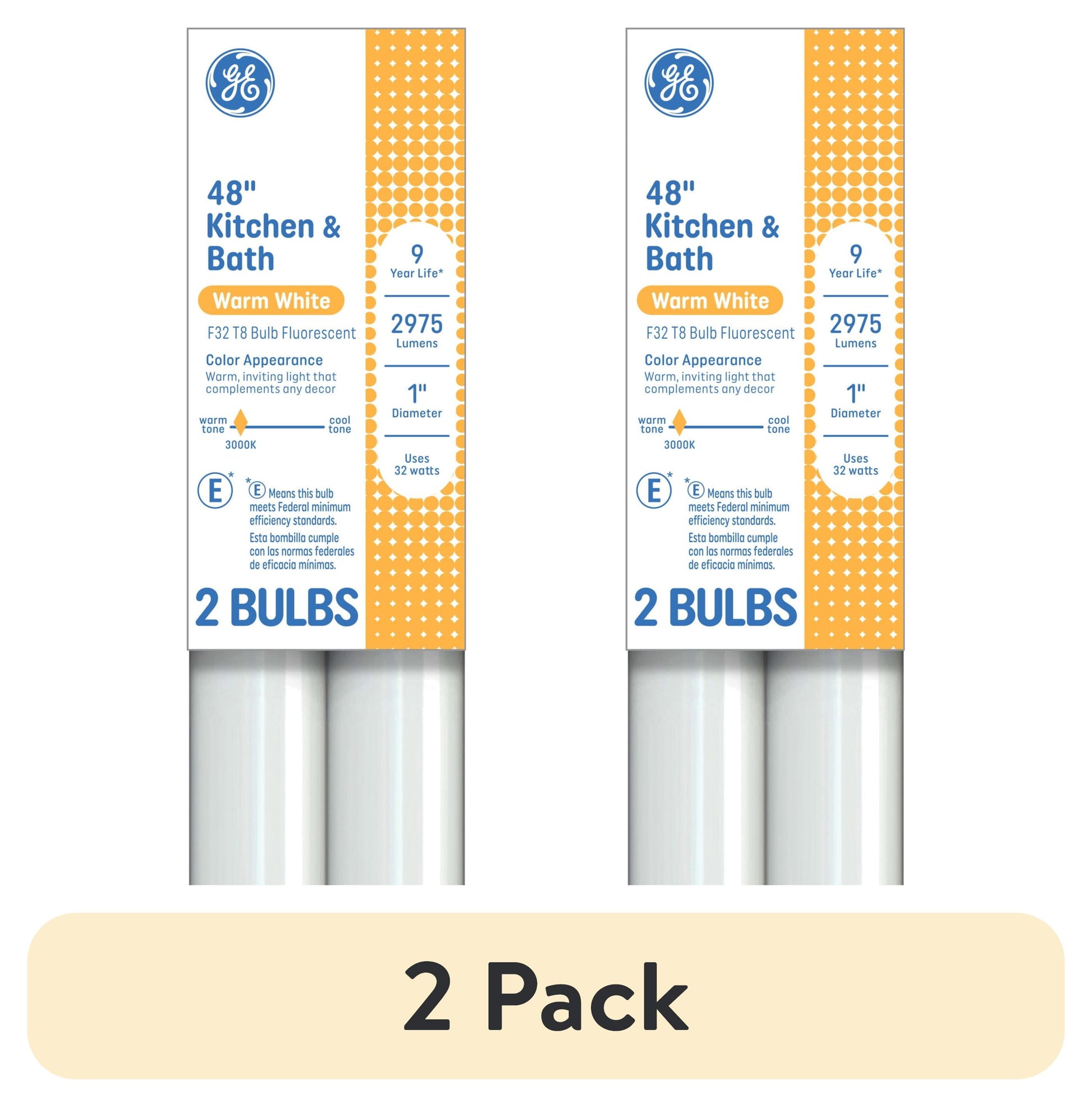 GE Fluorescent Tube Light Bulbs, 32 Watt, Warm White, 48in, T8 Bulb, G13 Base, 2pk
