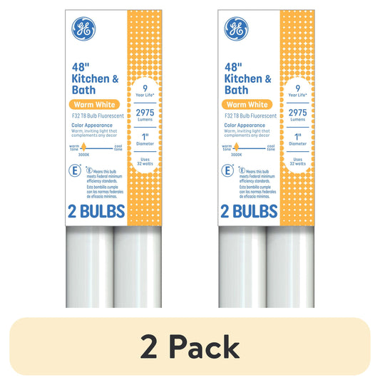 GE Fluorescent Tube Light Bulbs, 32 Watt, Warm White, 48in, T8 Bulb, G13 Base, 2pk